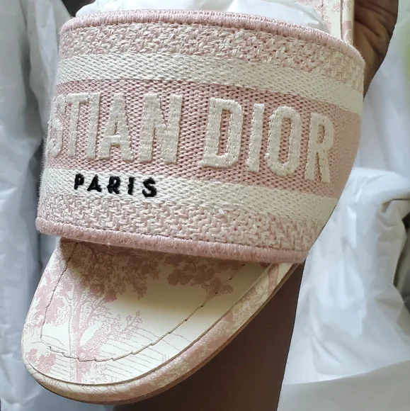 Dway Heeled Slide Toile de Jouy Light Pink and Ecru Embroidered - Picture 7 of 17